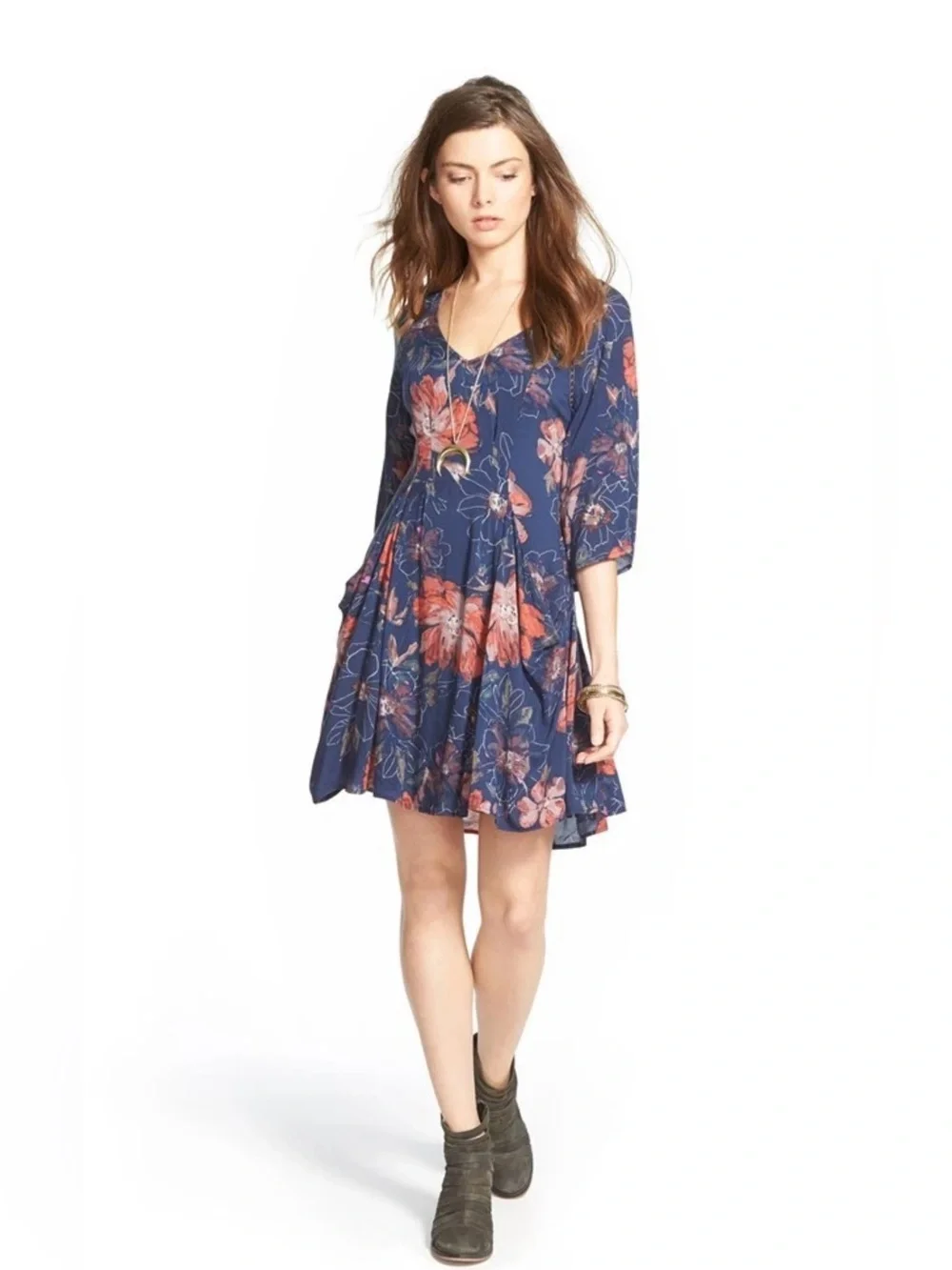 Free People Floral Navy and Orange Lined Dress Size 0 EUC
